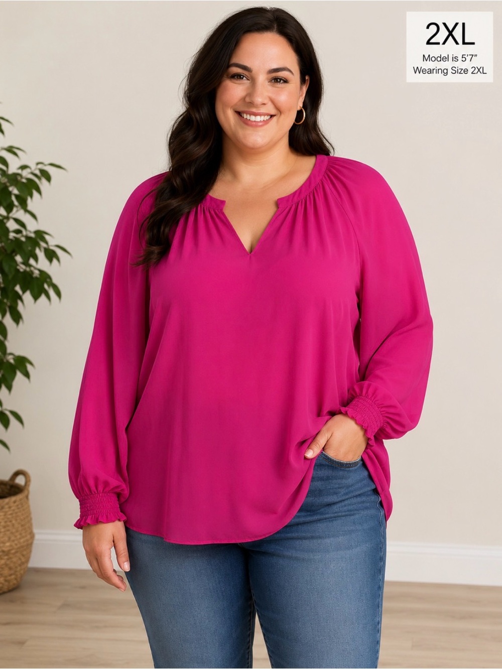 Dokotoo Hot Pink Long Sleeve Blouse Women’s 2XL Sheer Relaxed Fit Smocked Sleeve